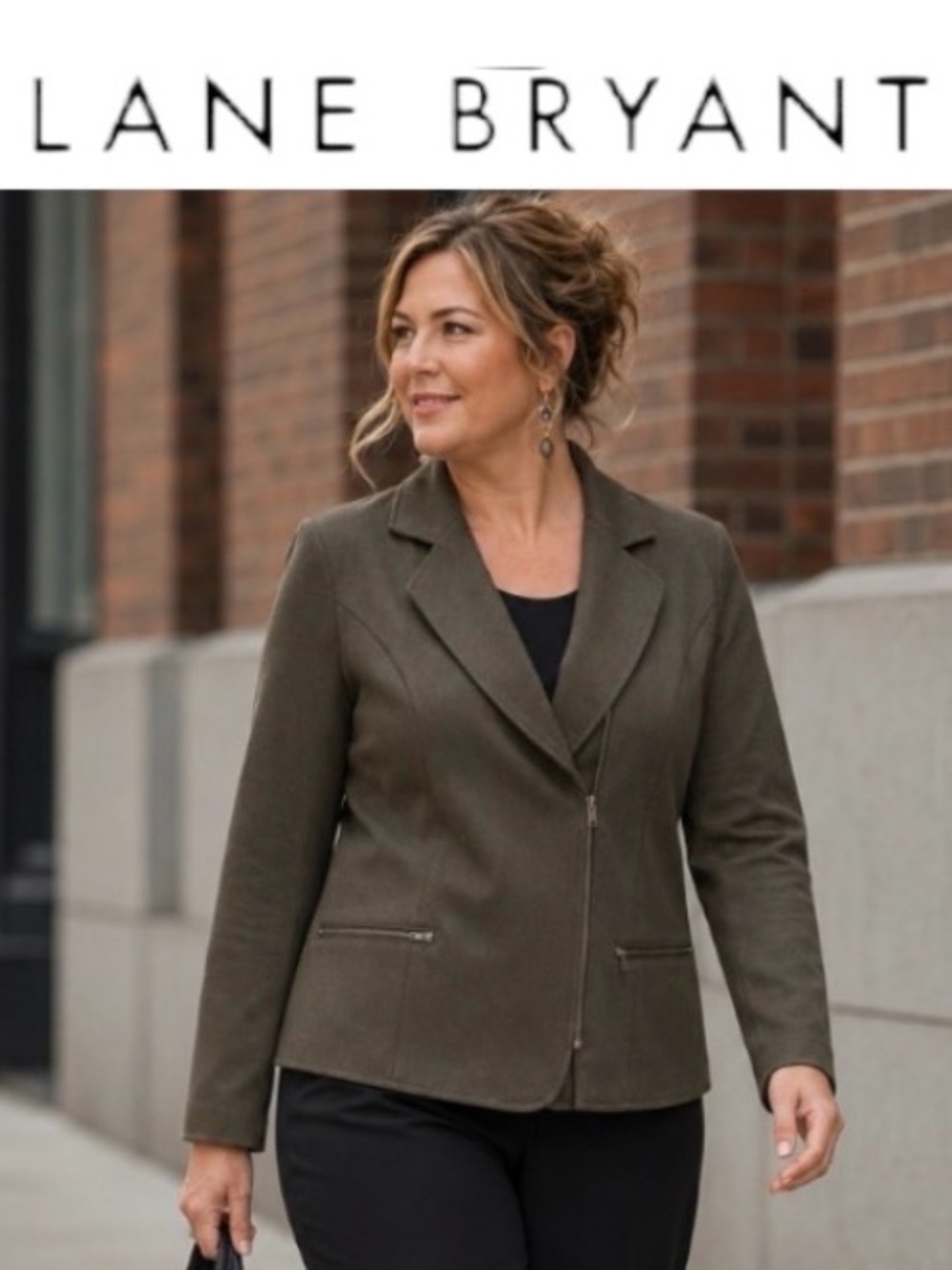 28W Lane Bryant Ponte Jacket in Olive Green with Asymmetric Front Zip
